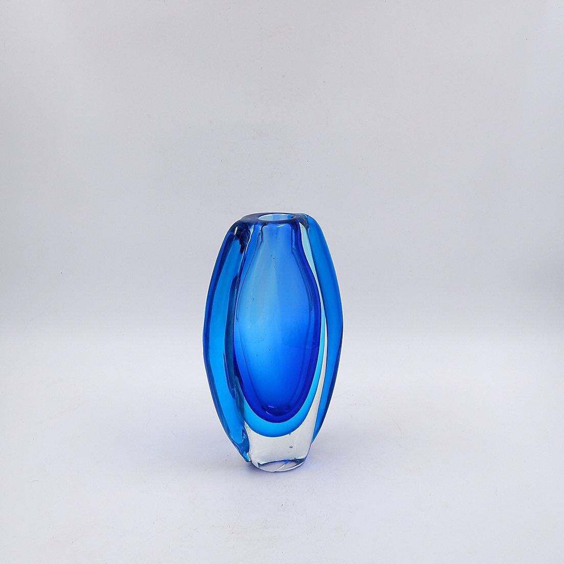 Oval Glass Vase In Shades Of Blue, In The Style Of Sommerso photo Home Decor