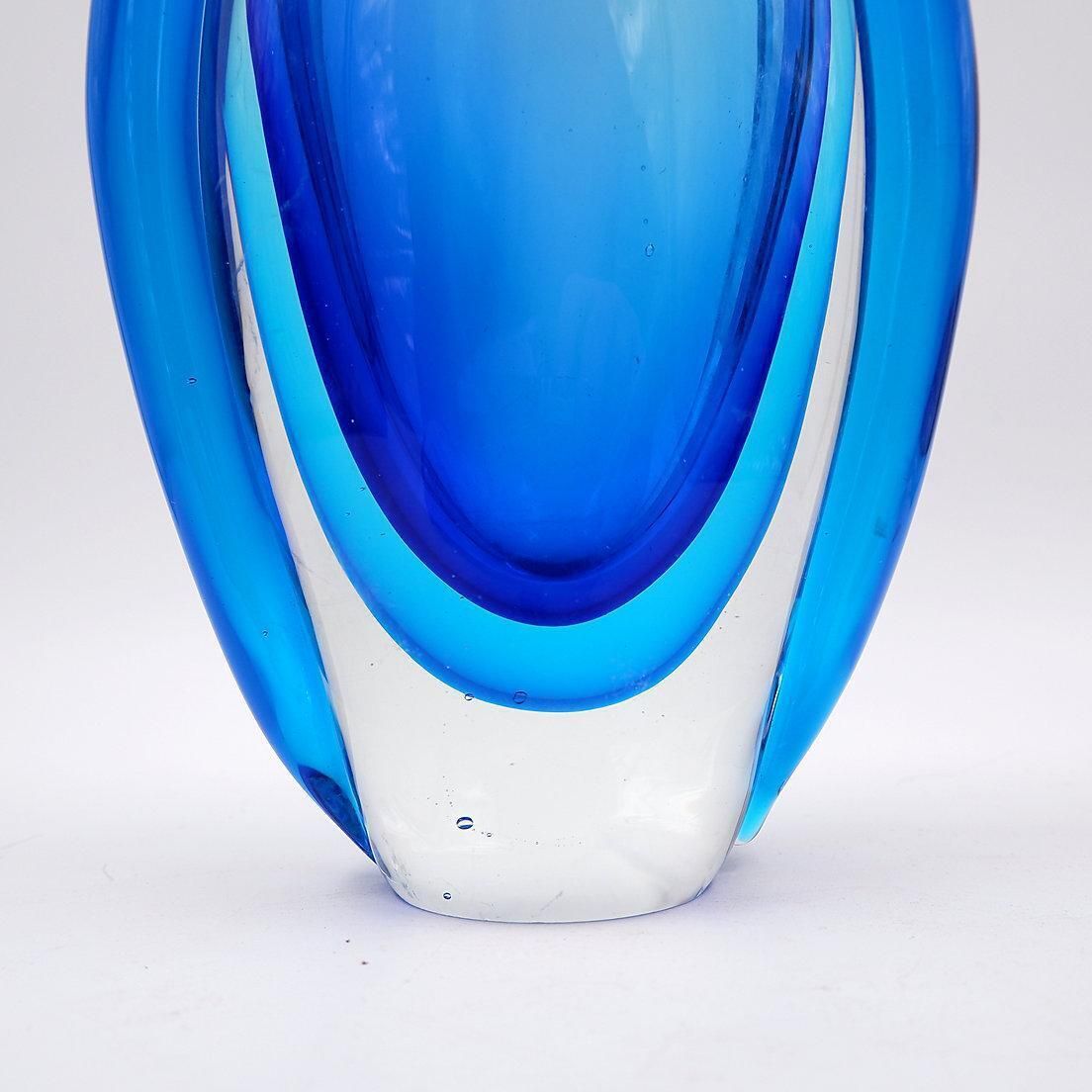 Oval Glass Vase In Shades Of Blue, In The Style Of Sommerso photo vintage