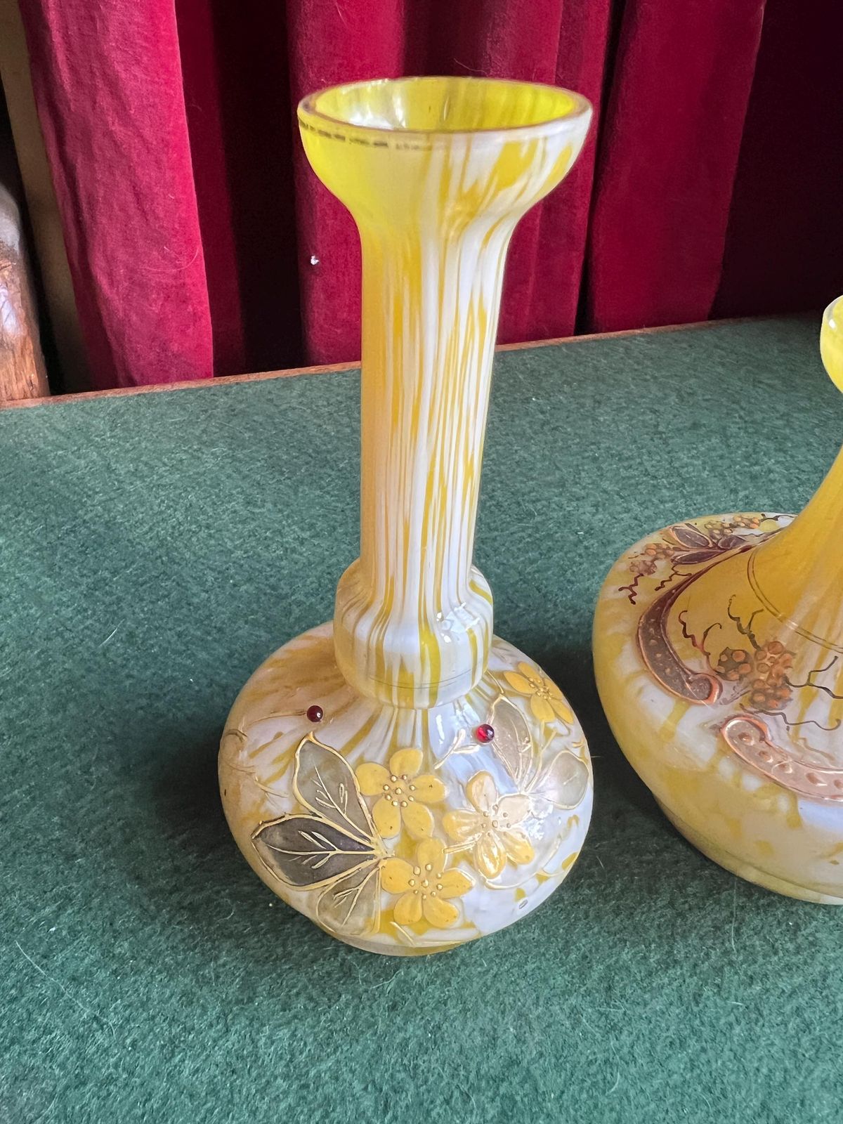 Pair Of Welz Bohemian Lemon Yellow & White Spatter Glass Vases. Hand Painted Gold Enamel Details. Antique Glass Collector Gift. photo furniture