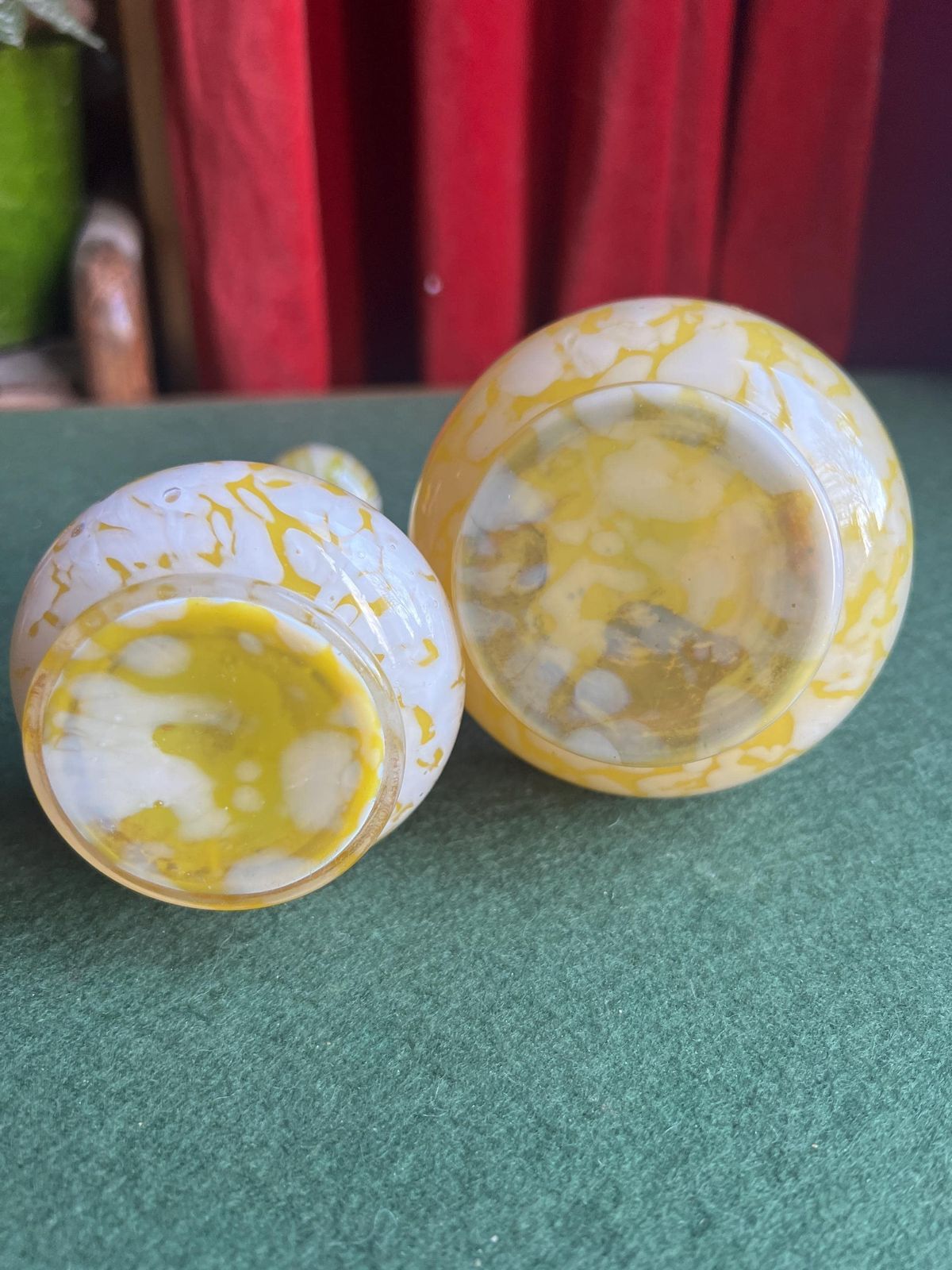 Pair Of Welz Bohemian Lemon Yellow & White Spatter Glass Vases. Hand Painted Gold Enamel Details. Antique Glass Collector Gift. photo vinterior