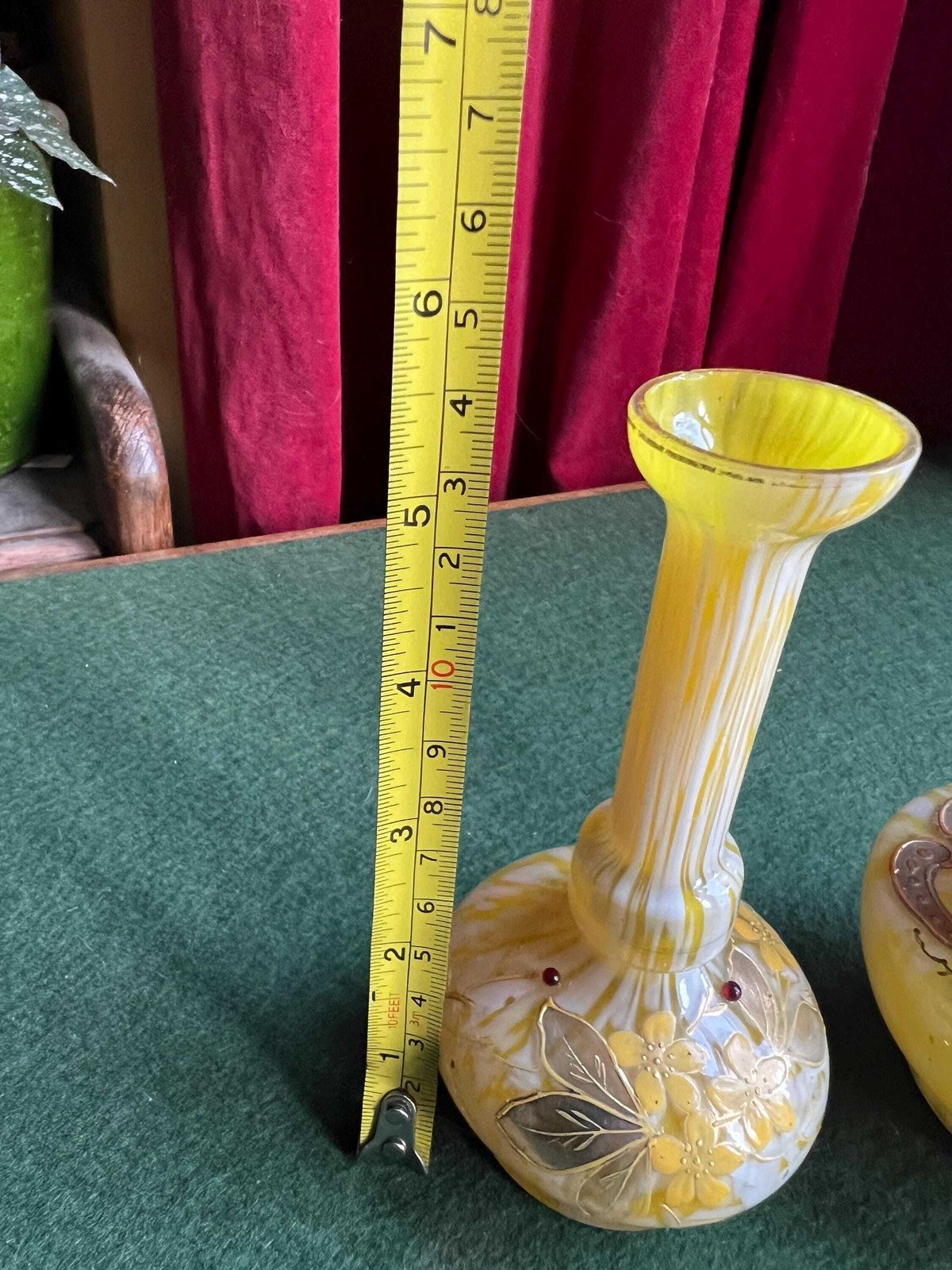 Pair Of Welz Bohemian Lemon Yellow & White Spatter Glass Vases. Hand Painted Gold Enamel Details. Antique Glass Collector Gift. photo buy