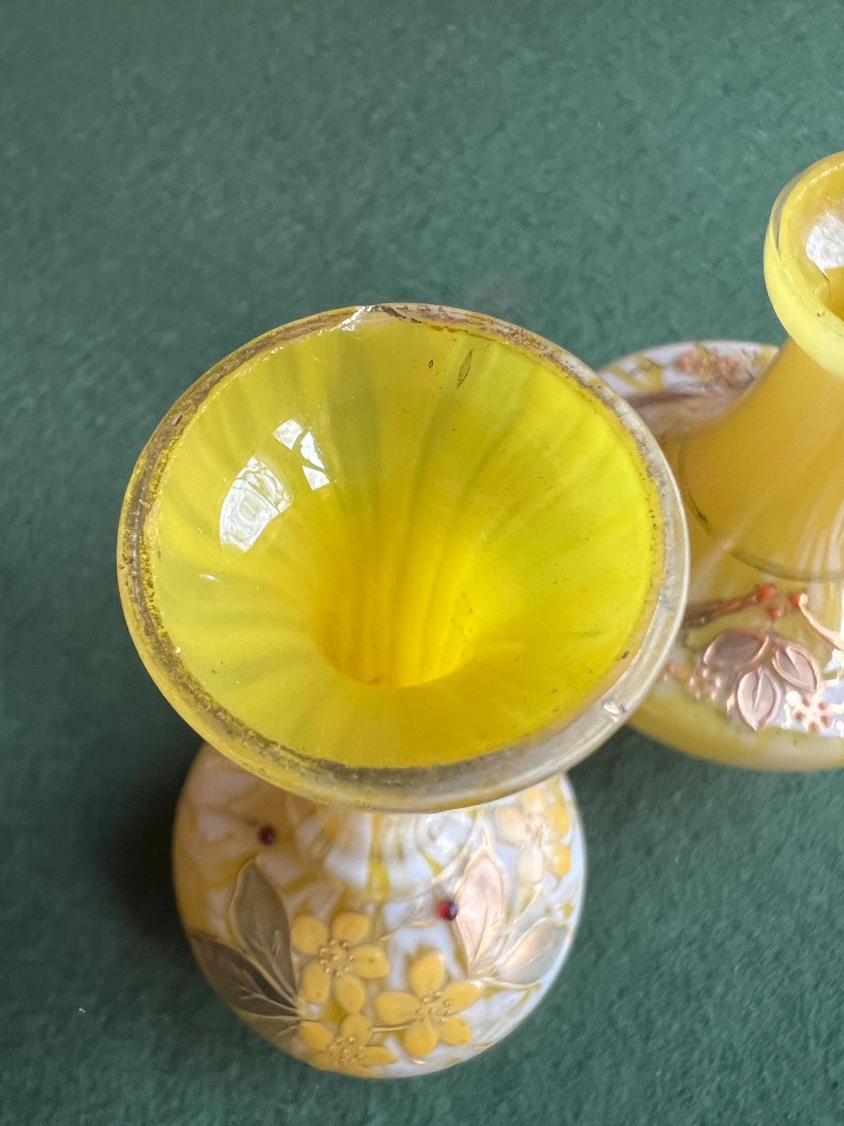 photo for sale Pair Of Welz Bohemian Lemon Yellow & White Spatter Glass Vases. Hand Painted Gold Enamel Details. Antique Glass Collector Gift.