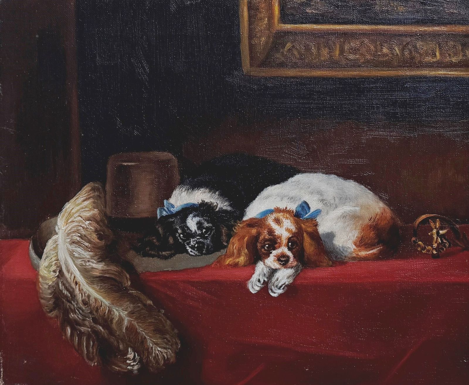 King Charles Spaniels   Original 19c Oil On Canvas   After Edwin Henry Landseer photo for sale