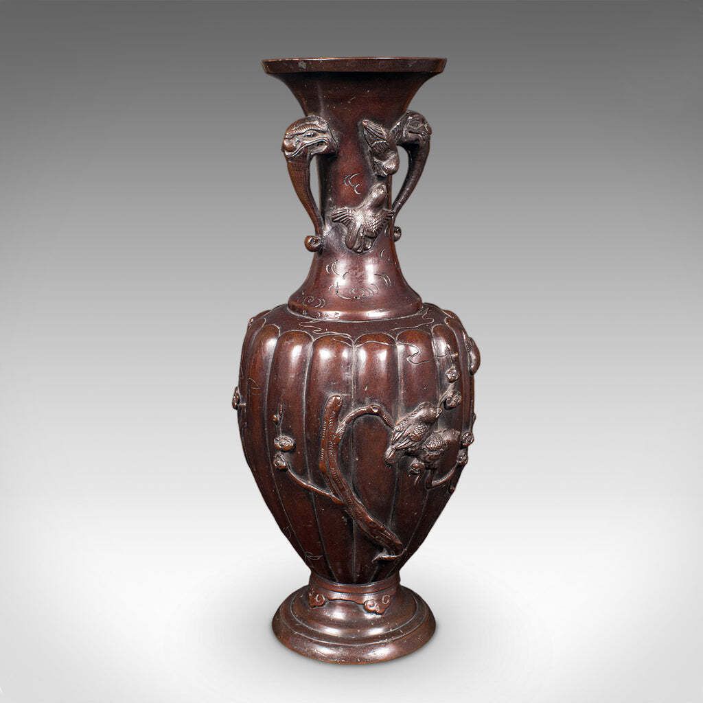 Pair Of Antique Stem Vases, Japanese, Bronze, Meiji Era, Baluster Urn, Victorian photo Home Decor