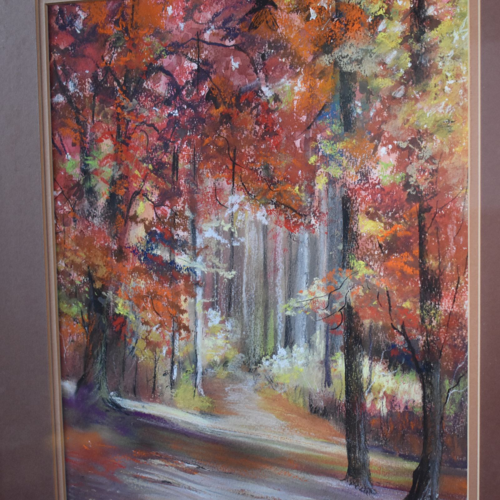 Vintage Jan Bates Brown Trees Woodland Forest Gouache Pastel Framed Picture photo for sale