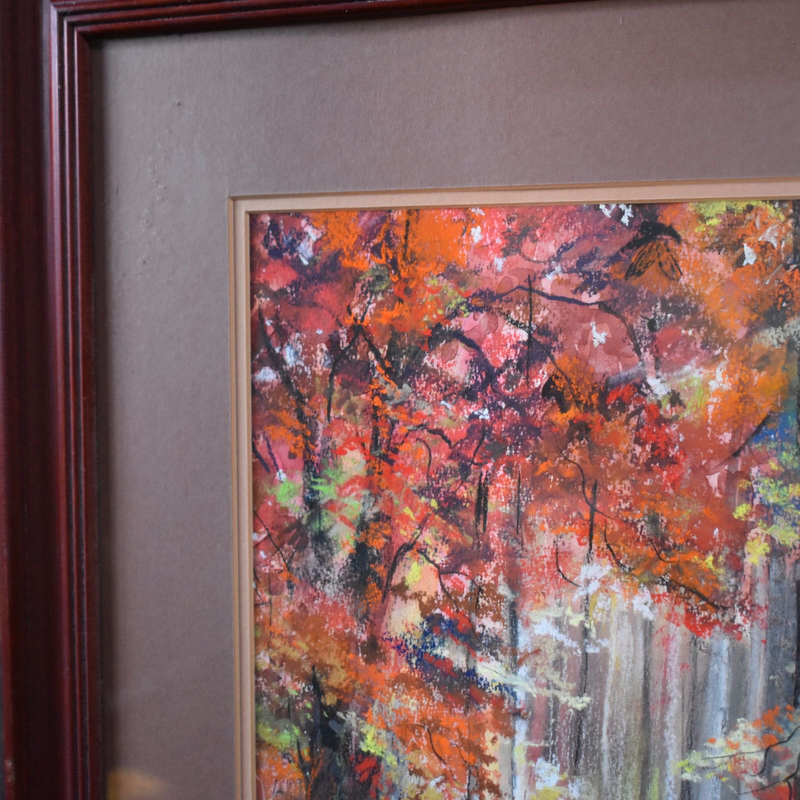 Vintage Jan Bates Brown Trees Woodland Forest Gouache Pastel Framed Picture photo Art