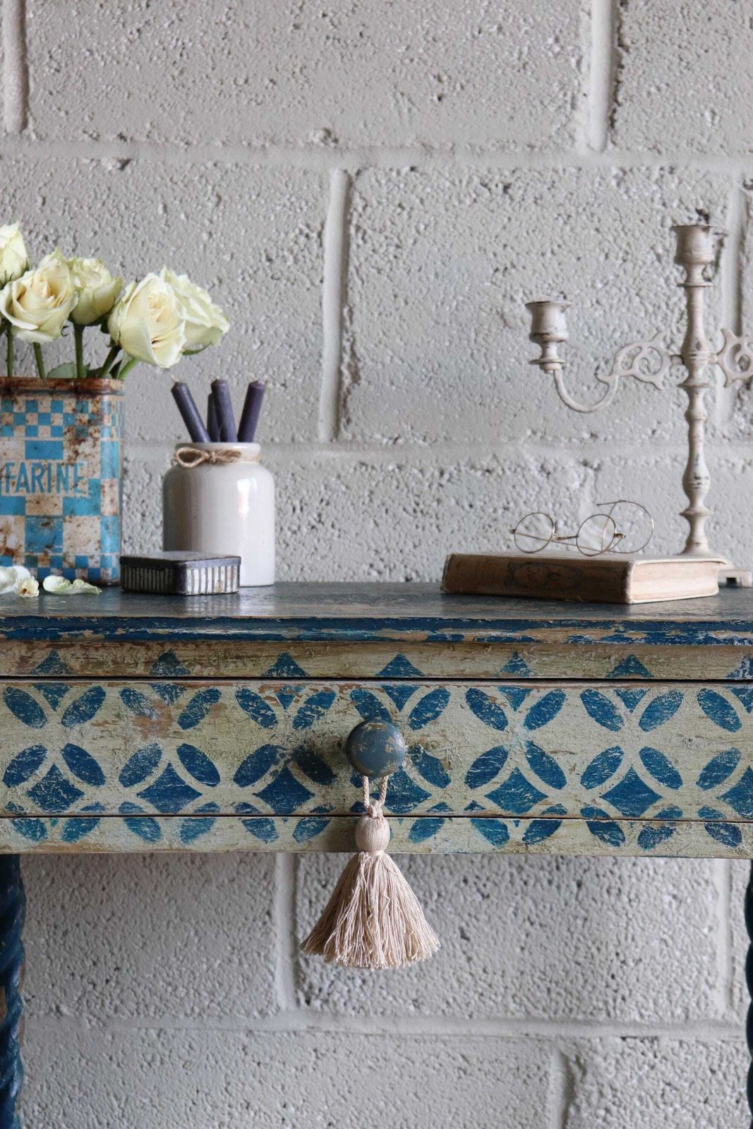 Blue And White Harlequin Painted Barleytwist Bedside Or Occasional Table With Drawer photo furniture