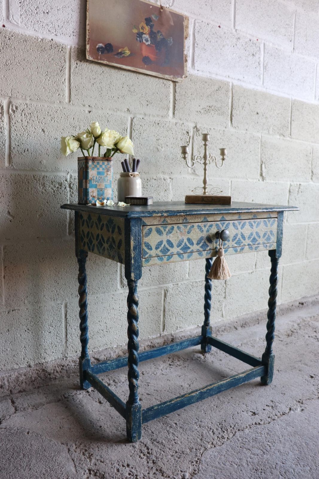 Blue And White Harlequin Painted Barleytwist Bedside Or Occasional Table With Drawer photo Furniture