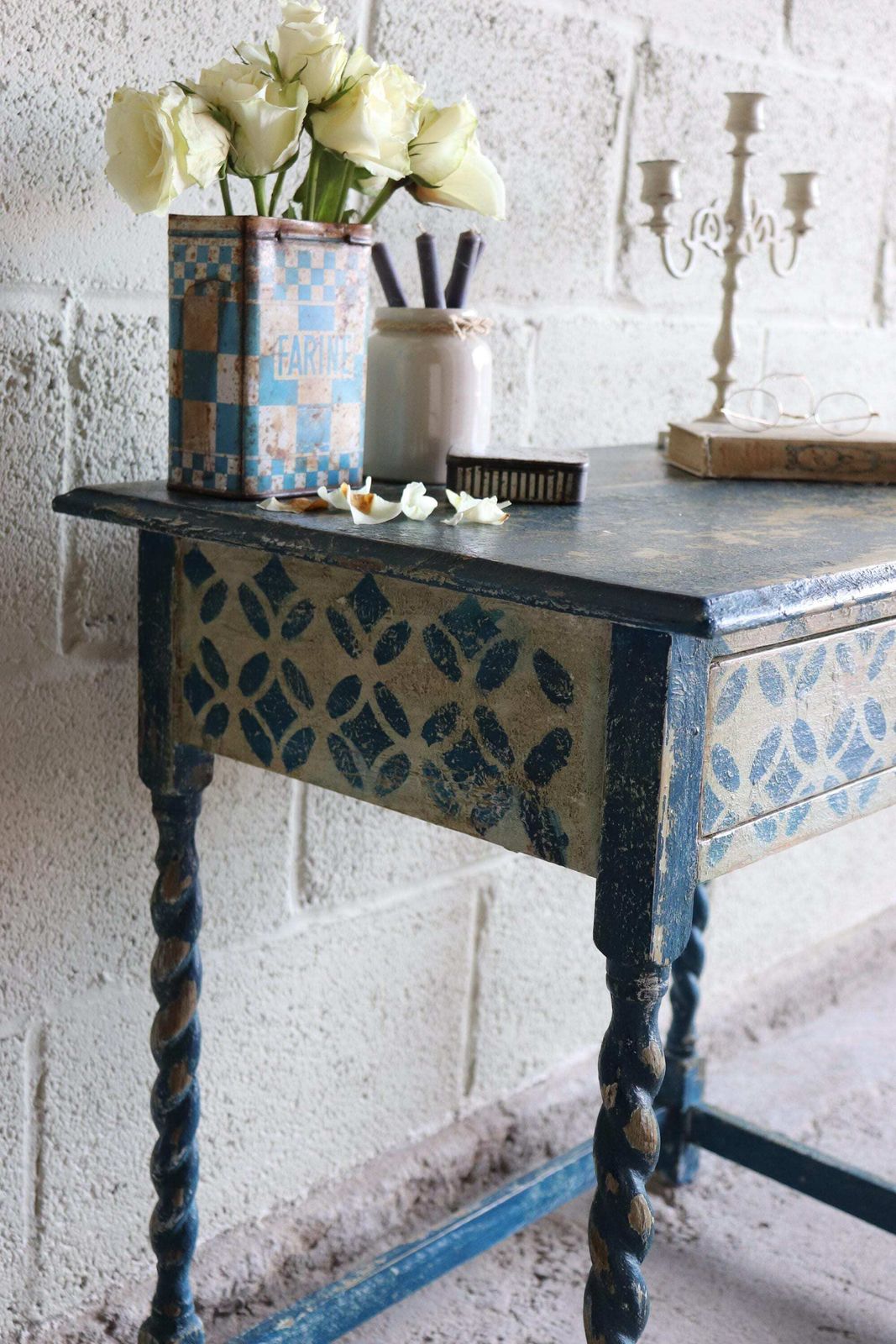 Blue And White Harlequin Painted Barleytwist Bedside Or Occasional Table With Drawer photo buy