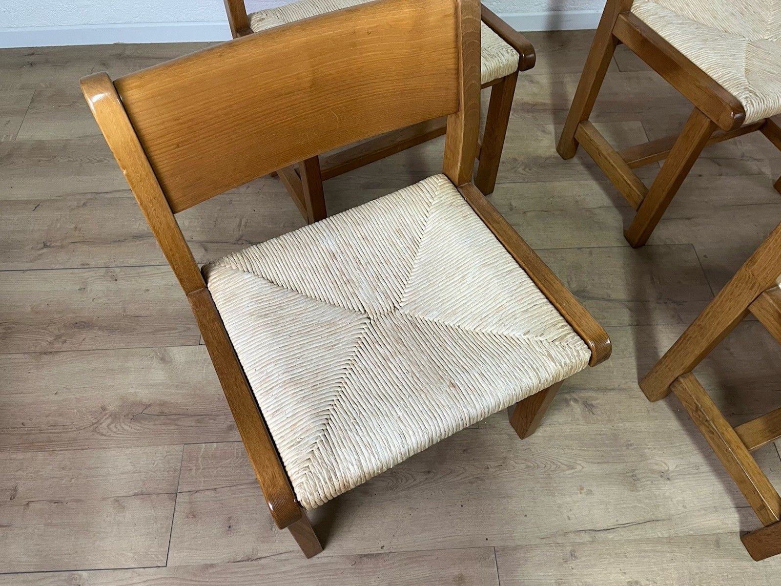 Furniture Set Of 6 Tarpac Straw Wood Chairs 70’ Vintage Design photo