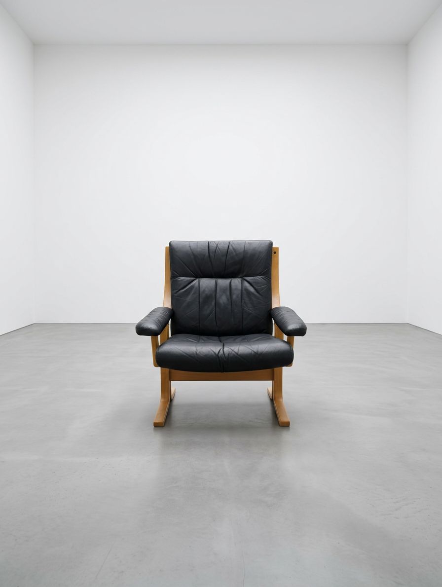 Scandi Black Leather Beech Lounge Chair, Style Of Ingmar Relling photo furniture