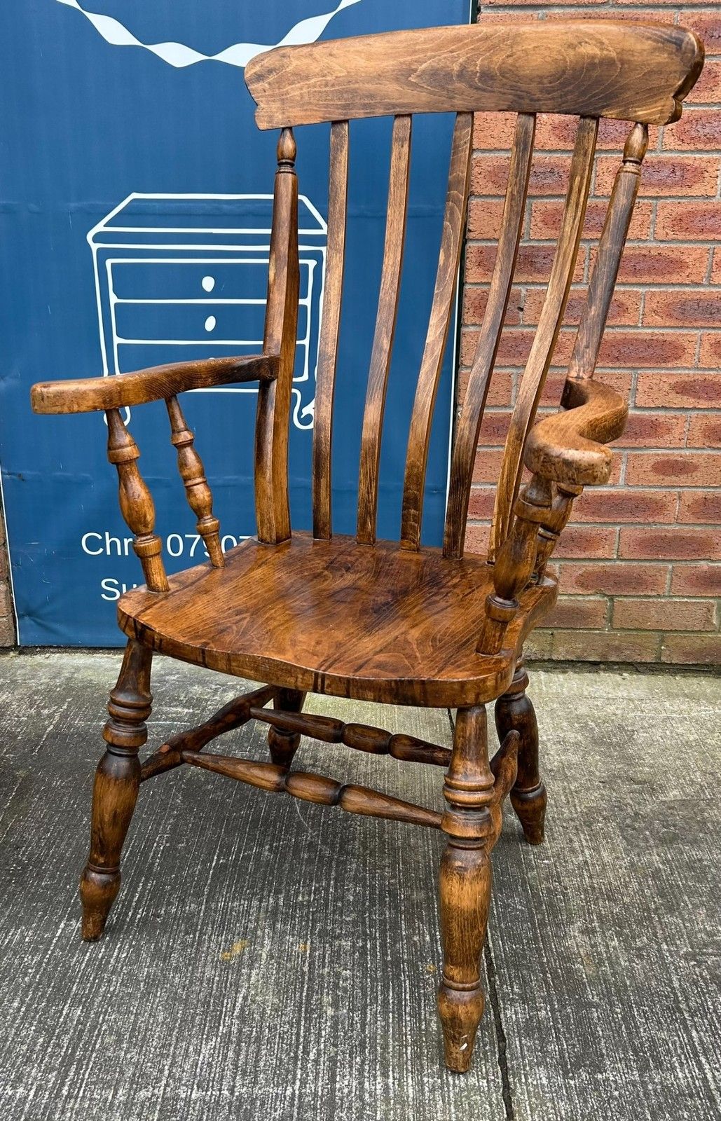 Vintage Beech Lath High Back Farmhouse Windsor Chair Rustic Armchair photo for sale