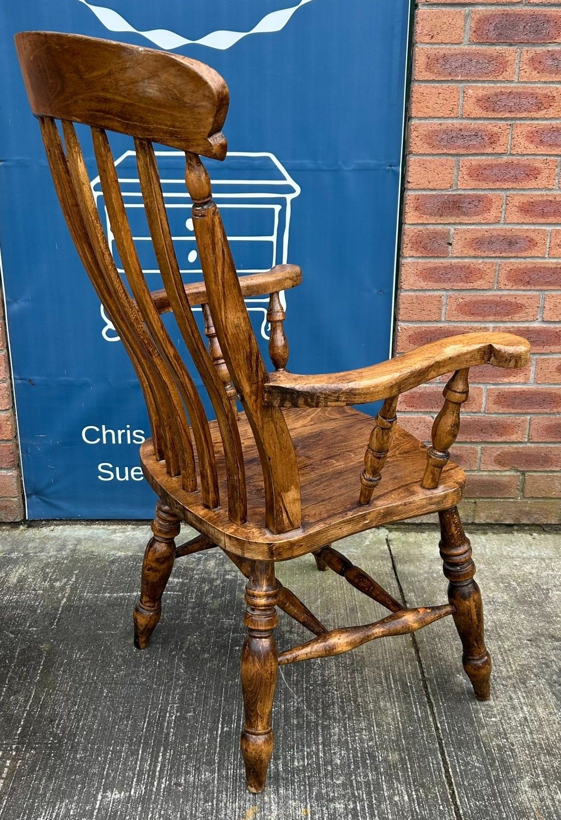 95.0 Vintage Beech Lath High Back Farmhouse Windsor Chair Rustic Armchair photo