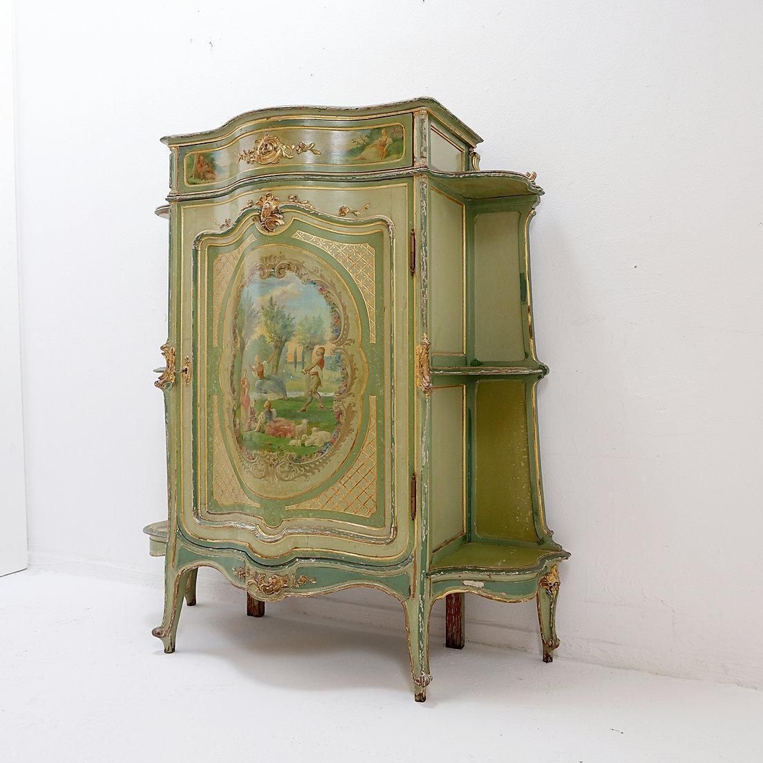Furniture Venetian Baroque Curved Cabinet With Pastoral Scene   Circa 1900. photo