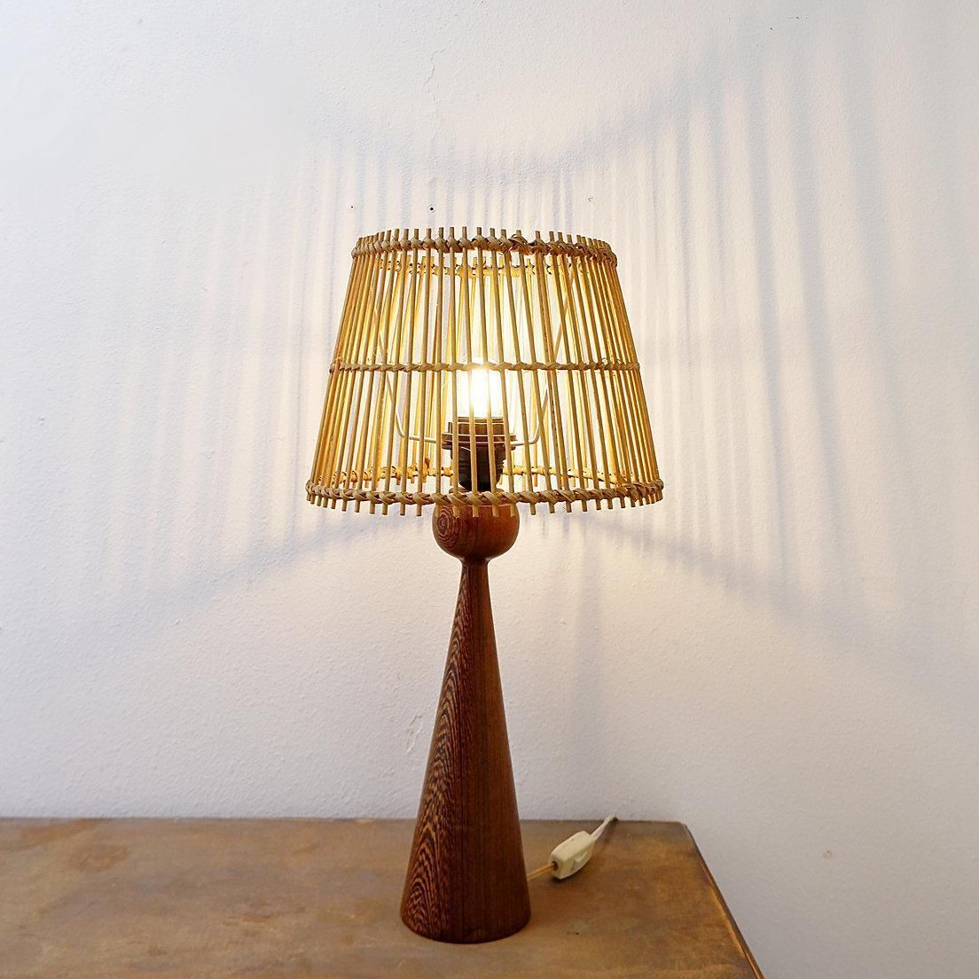 Keel Shaped Wood Table Lamp With Bamboo Shade 1960s photo vintage