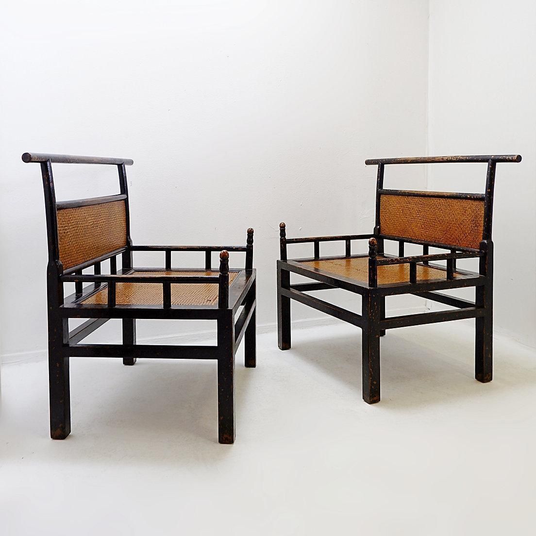 photo vintage Pair Of Lacquered Wood And Rattan "Meditation" Chairs   Japan, Early 20th