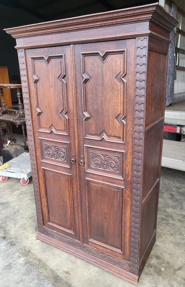 Antique Dark Oak Panelled Carved 2 X Door Wardrobe photo for sale