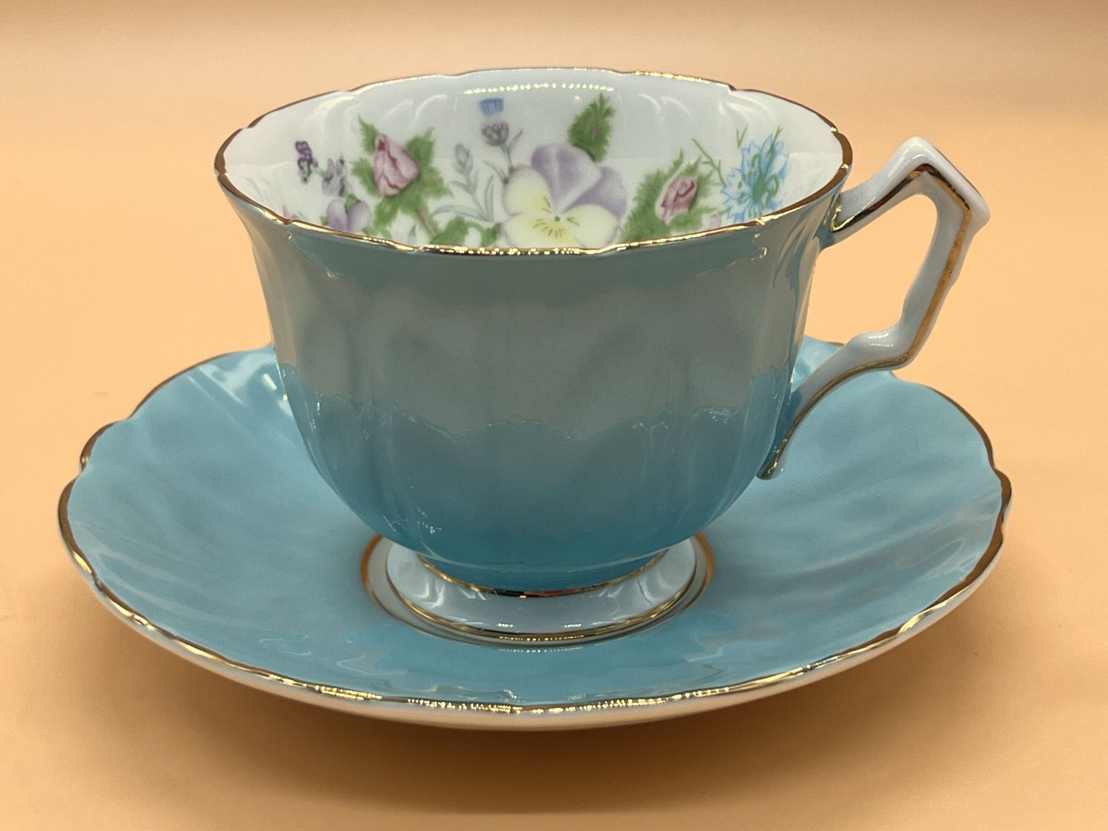 Aynsley China Crocus Shape Wild Tudor Blue Cabinet Tea Cup & Saucer Duo.