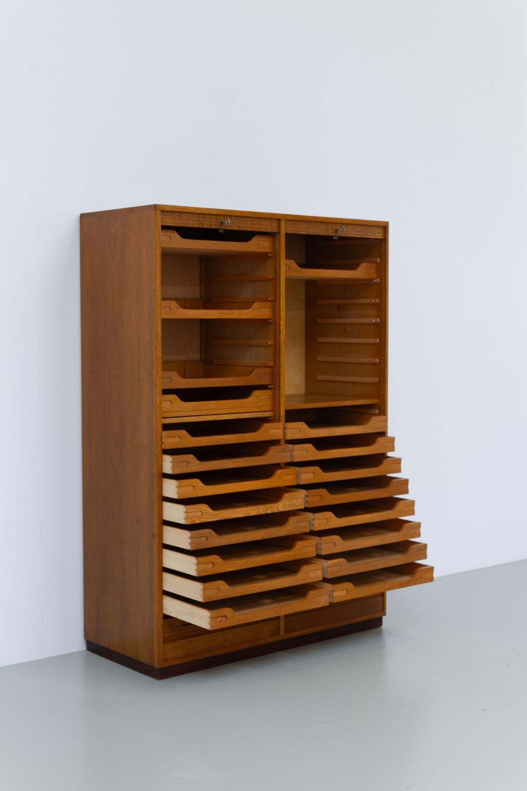 Furniture Danish Art Deco Oak Double Tambour Archive Cabinet, 1930s. photo