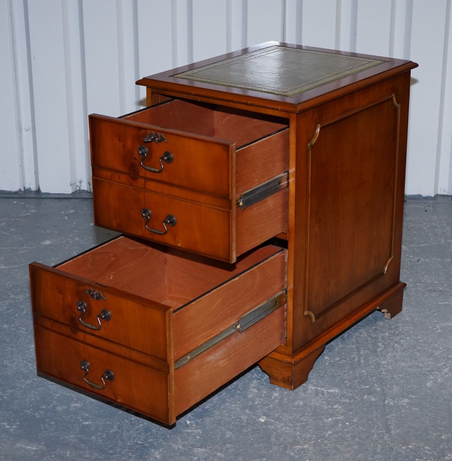Vintage Yew Wood Filling Cabinet With Green Leather Top And Two Drawers photo Furniture