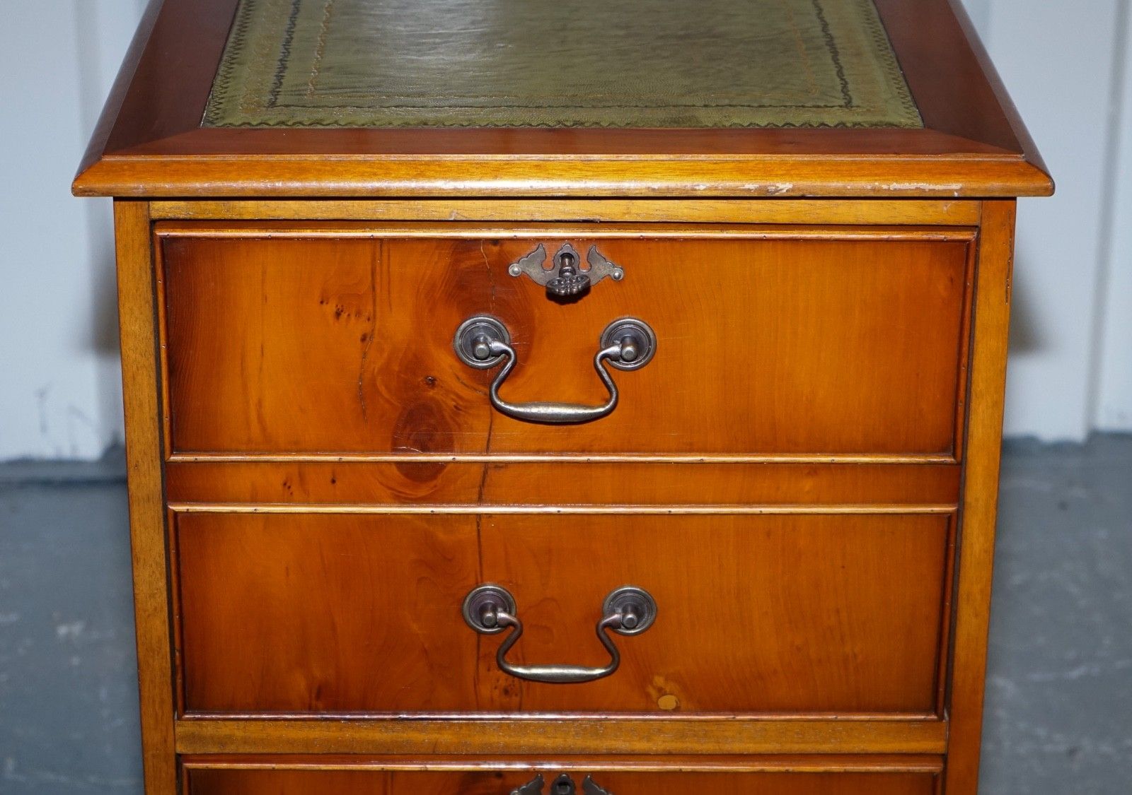 photo furniture Vintage Yew Wood Filling Cabinet With Green Leather Top And Two Drawers