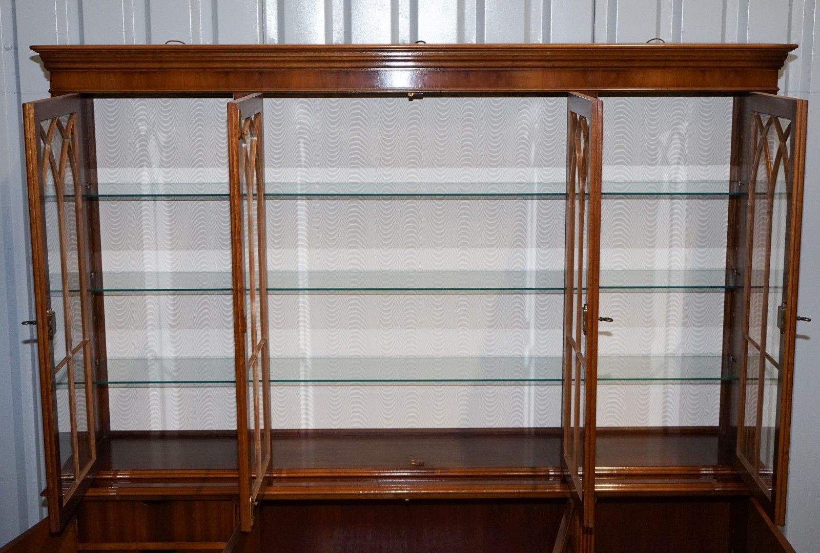 photo vinterior Antique Georgian Style Yew Wood Four Door Display Cabinet Bookcase