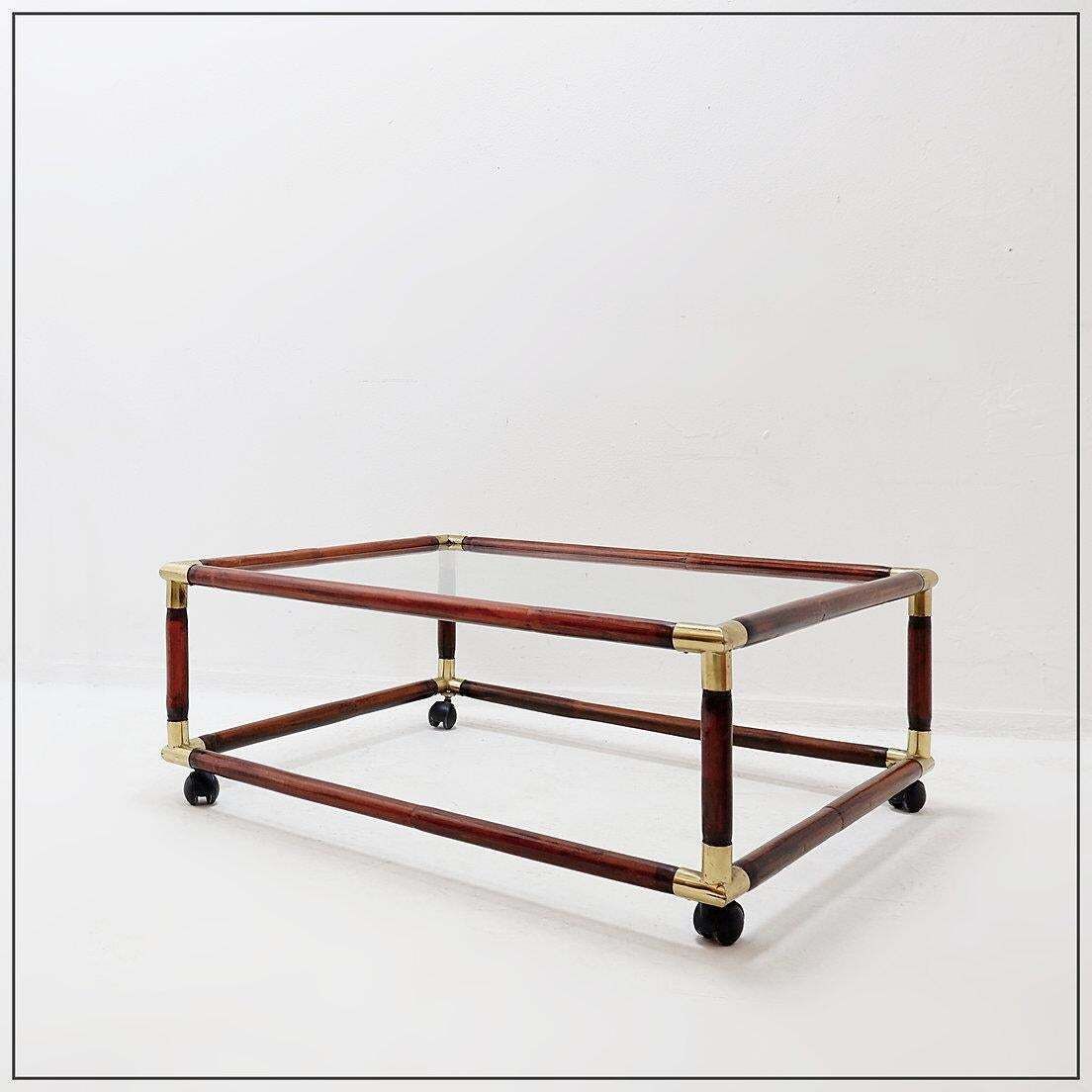 Furniture Coffee Table In Bamboo And Brass With Glass Top, 60s photo