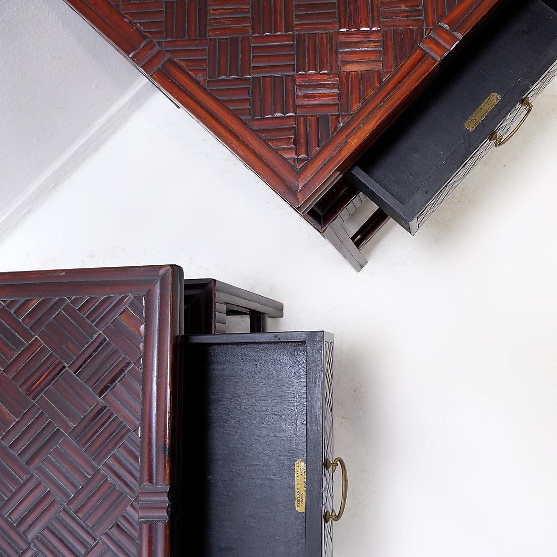 photo vinterior Pair Of Vintage Pagoda Tables In Faux Bamboo Chevron Pattern   Maitland & Clasco