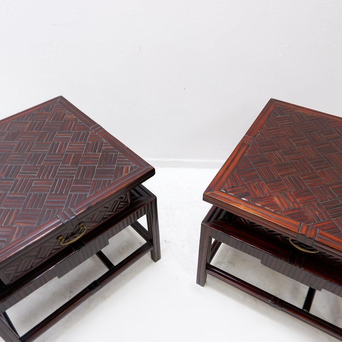 photo buy Pair Of Vintage Pagoda Tables In Faux Bamboo Chevron Pattern   Maitland & Clasco