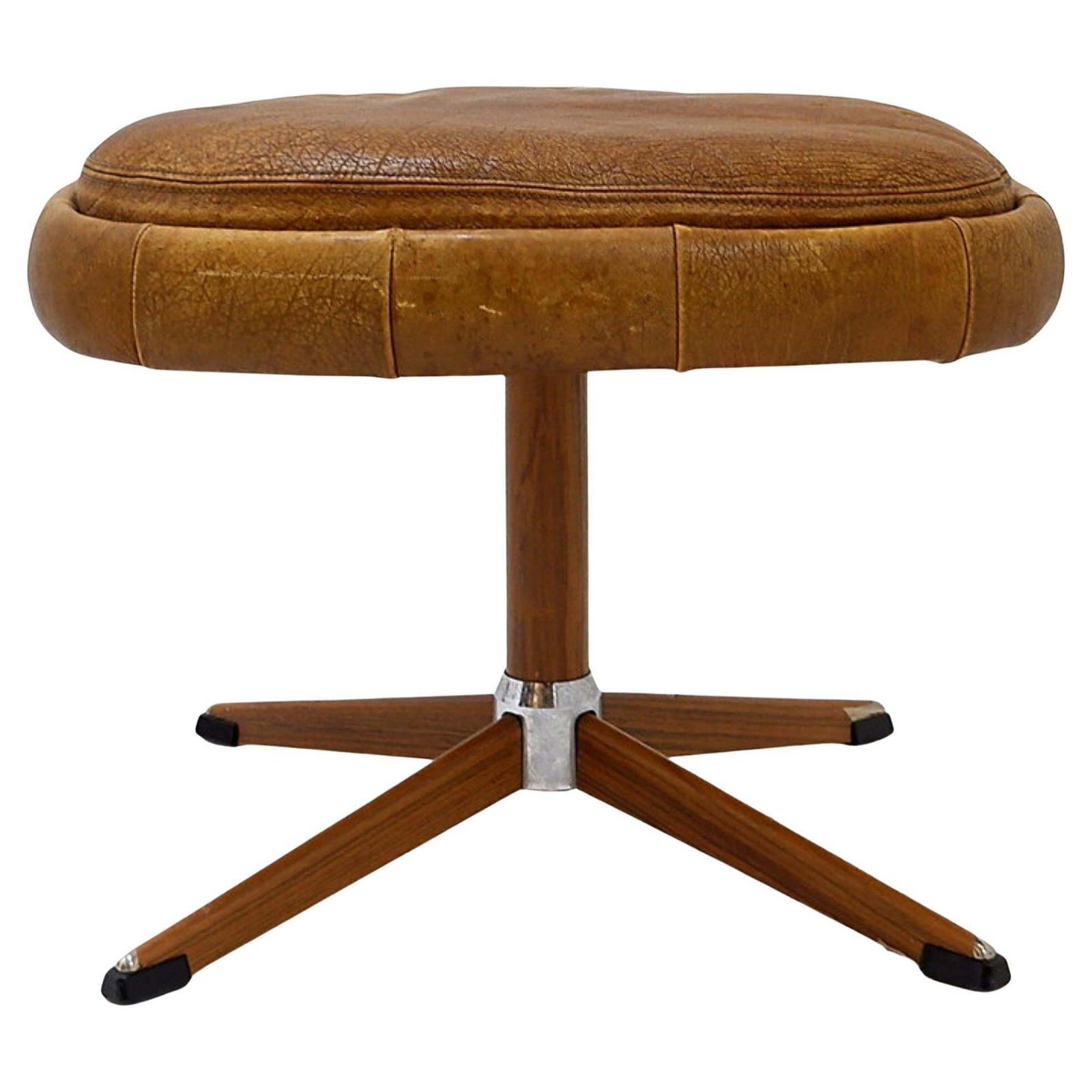 Swivel Footrest In Brown Leather With Metal Base   De Sede, Switzerland.