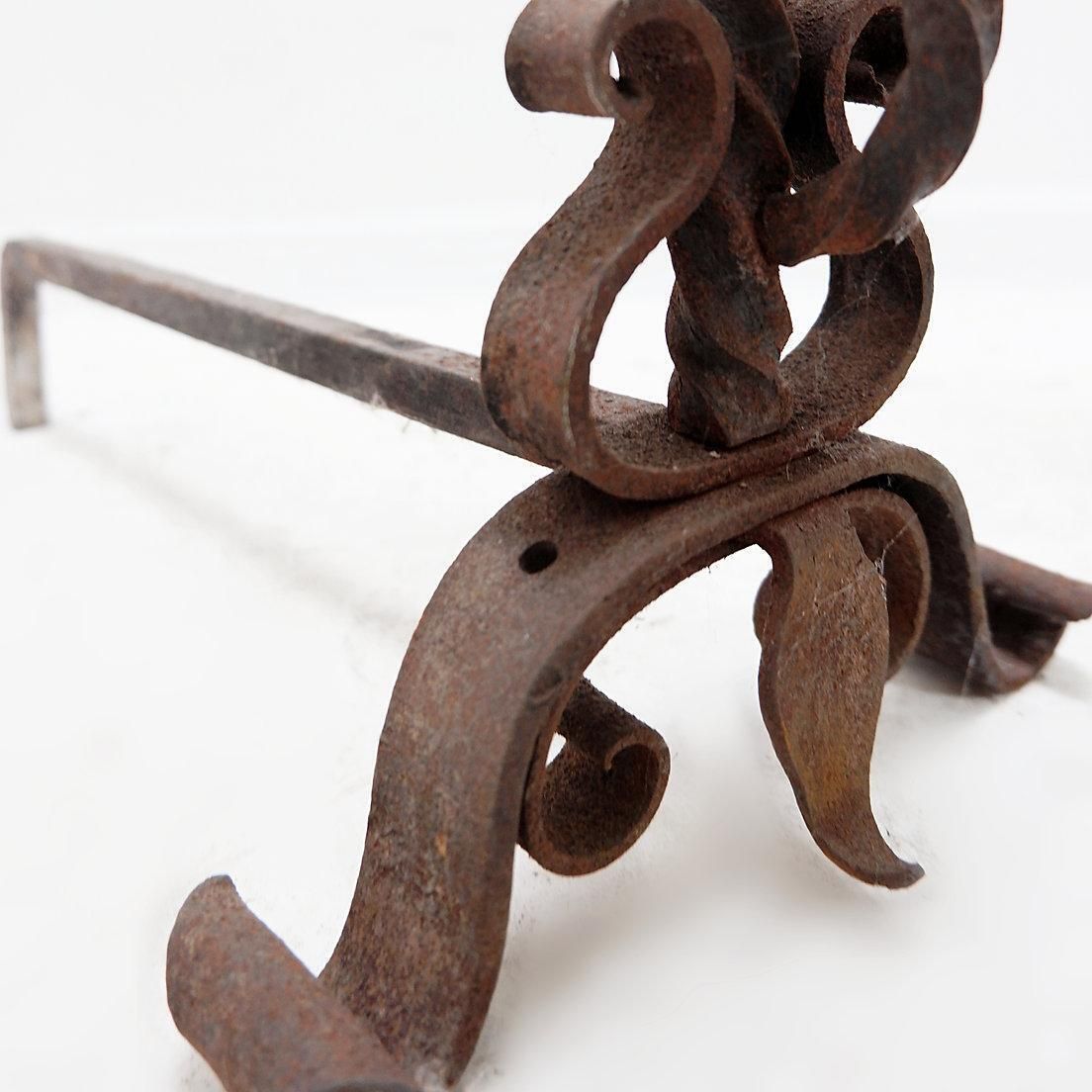 photo for sale Italian Wrought Iron Dragon Andirons, Antique Fireplace Set, 1920s