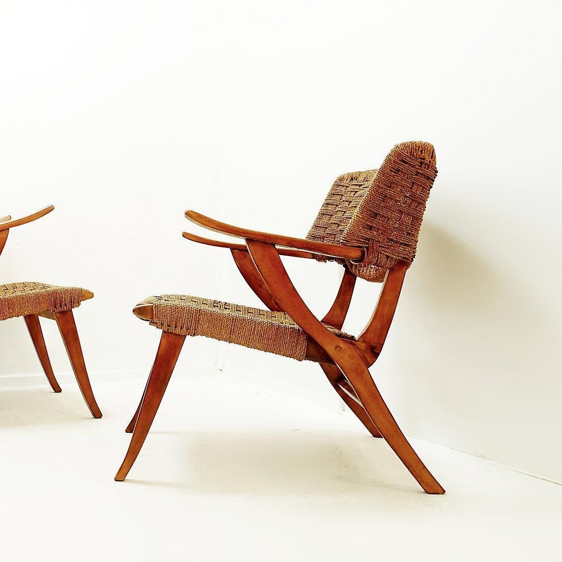 Mid Century Pair Rope And Wood Armchairs   Vintage Style photo Furniture