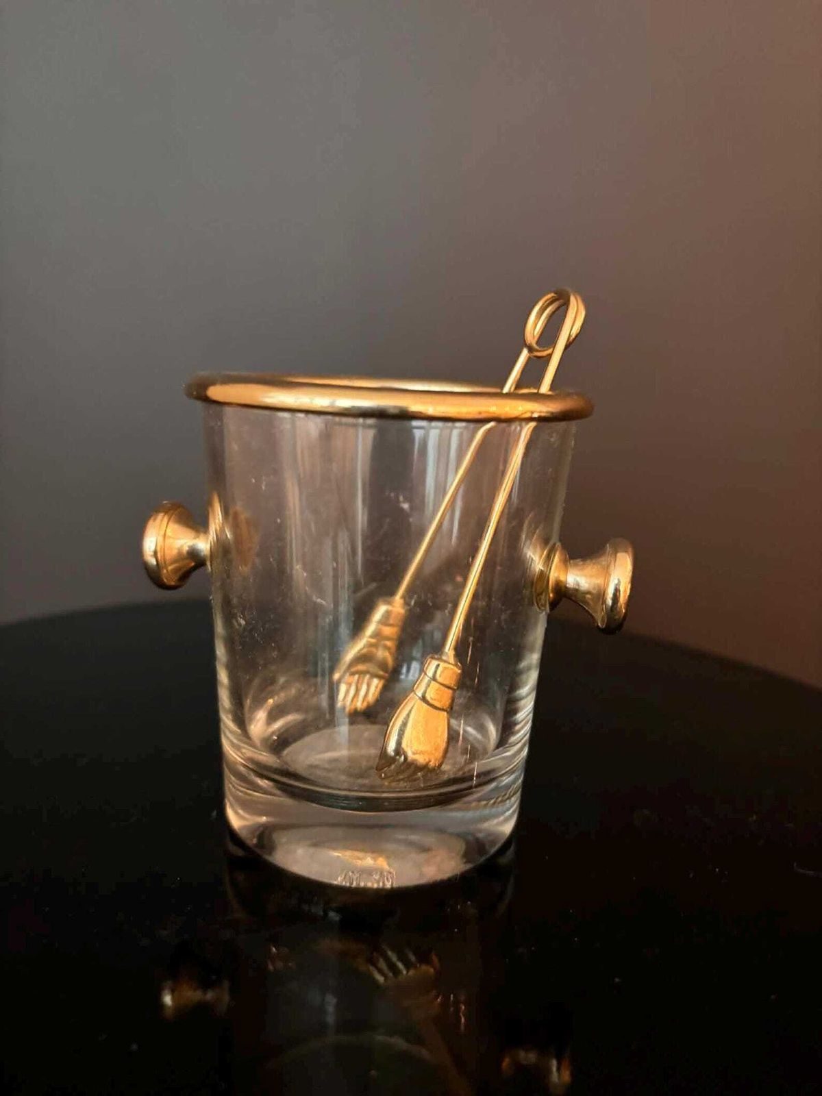 Vintage Reims France Glass Mini Ice Bucket Sugar Bowl & Ice Tongs Set photo vinterior