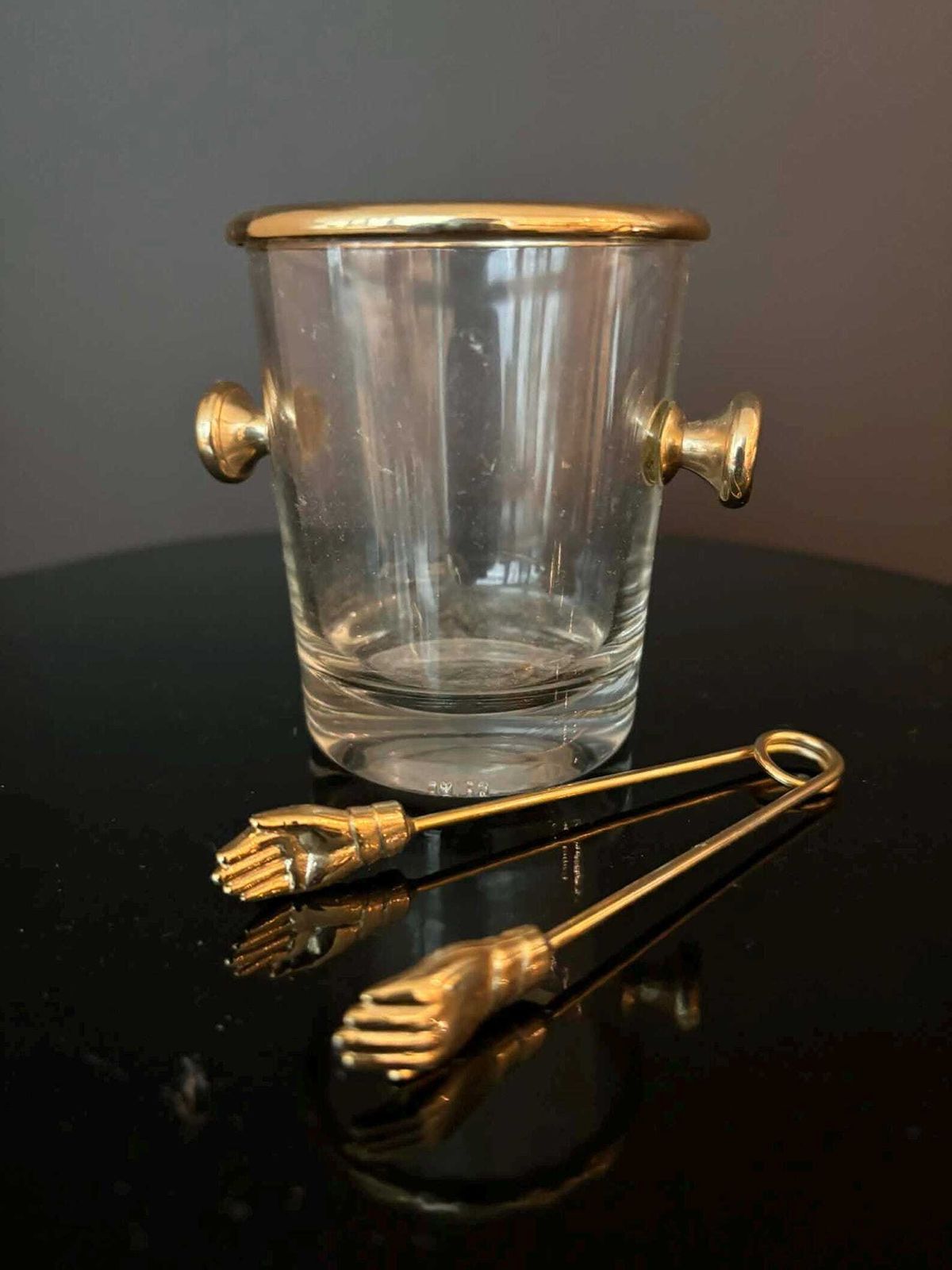photo vinterior Vintage Reims France Glass Mini Ice Bucket Sugar Bowl & Ice Tongs Set