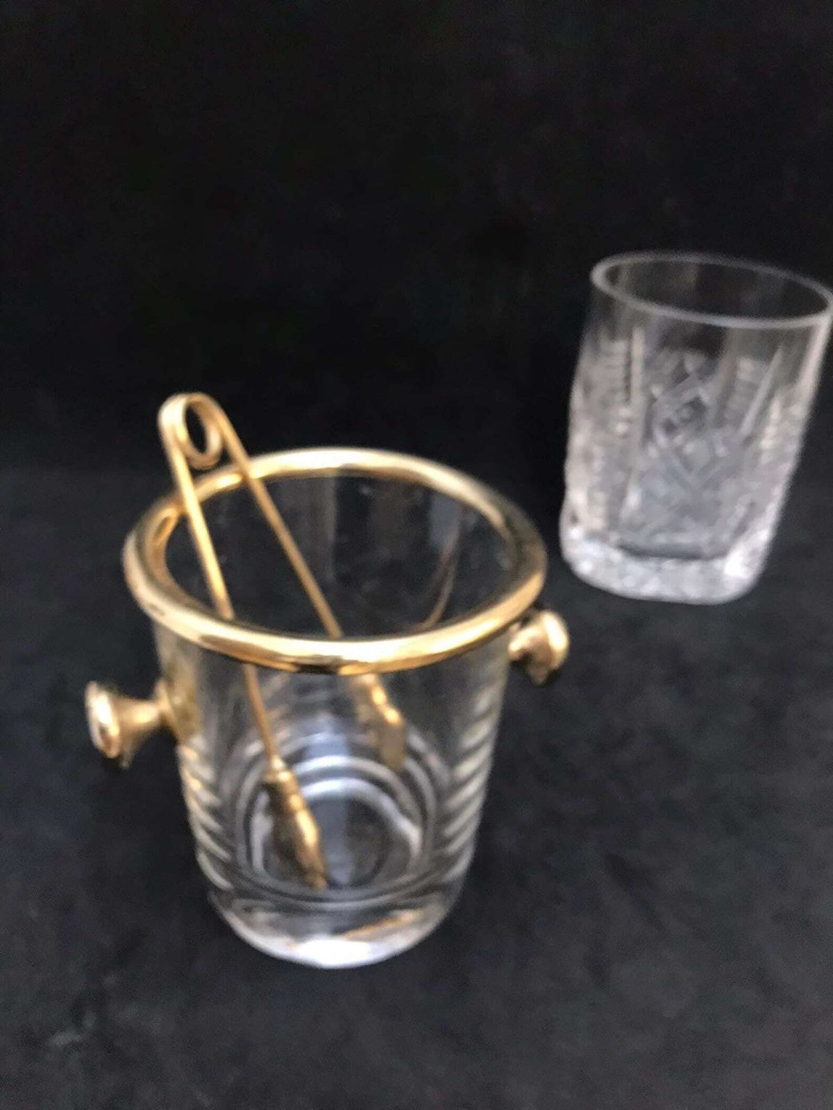 photo vintage Vintage Glazen Mini Ijsemmer / Suikerpot Met Ijstang – Reims, Frankrijk