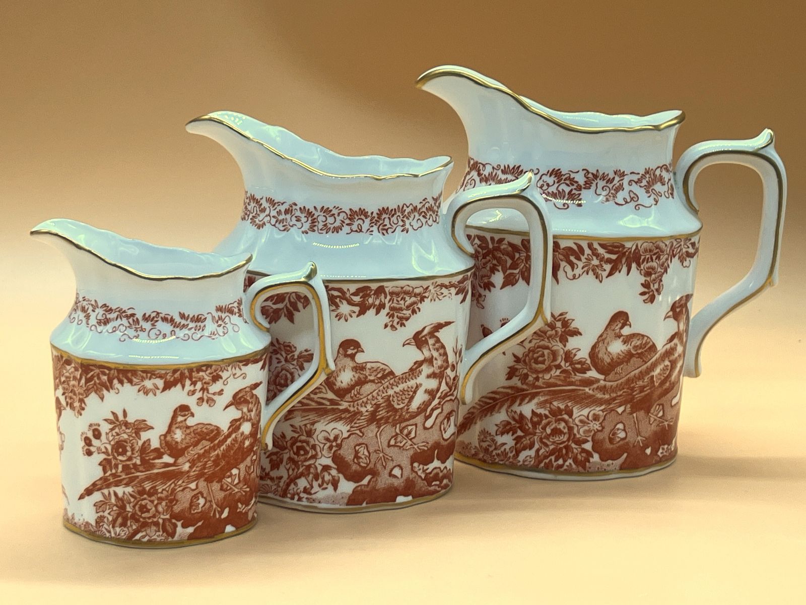 Royal Crown Derby China Red Aves Set Of 3 Graduated Jugs. A74. 1st Quality.