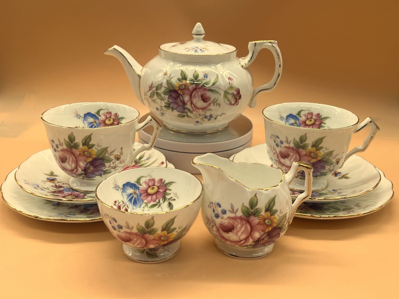 Vintage Aynsley China Howard's Spray Design Crocus Shape Tea Set For 2. Teapot, 2 Trios, Creamer & Sugar.