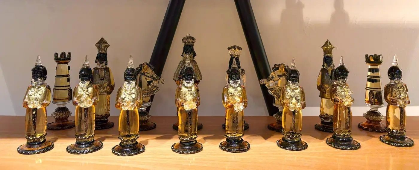 Rare Chess Set Composed Of 32 Solid Amber Glass Pieces, Barbini, Pauly & C photo Home Decor