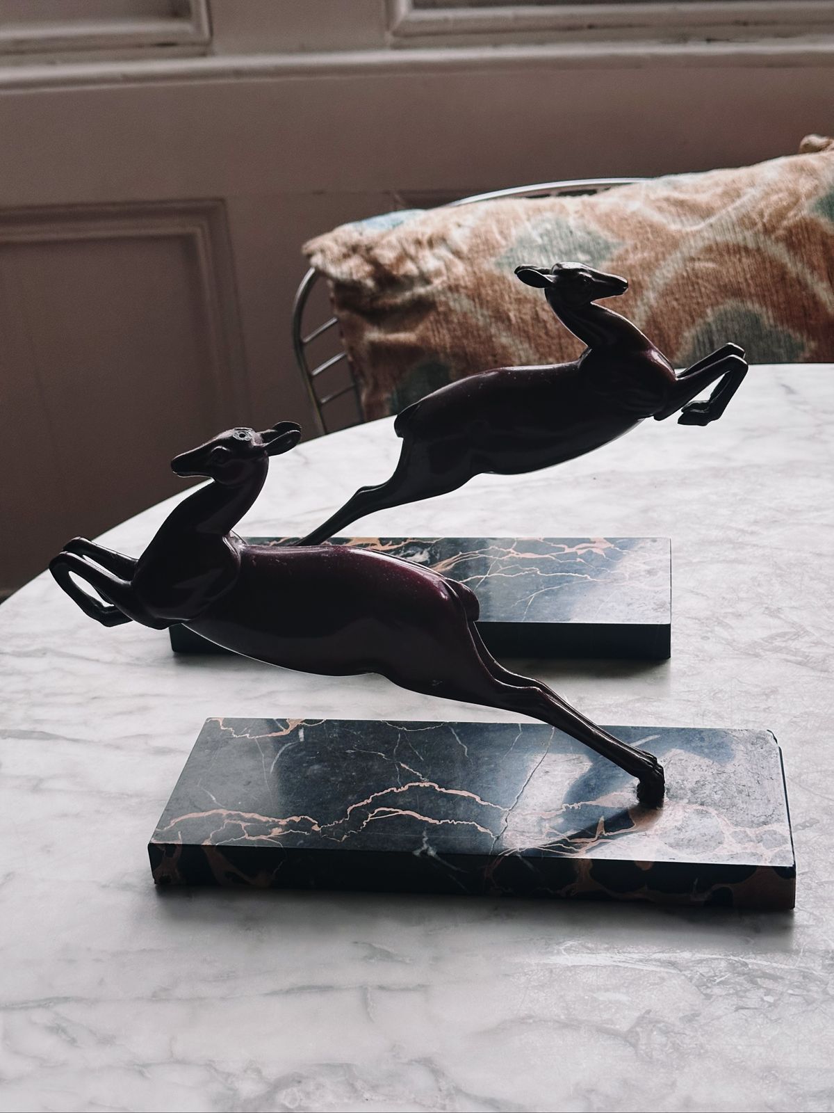 Pair Of Art Deco Marble And Smelter Deer Book Ends photo for sale