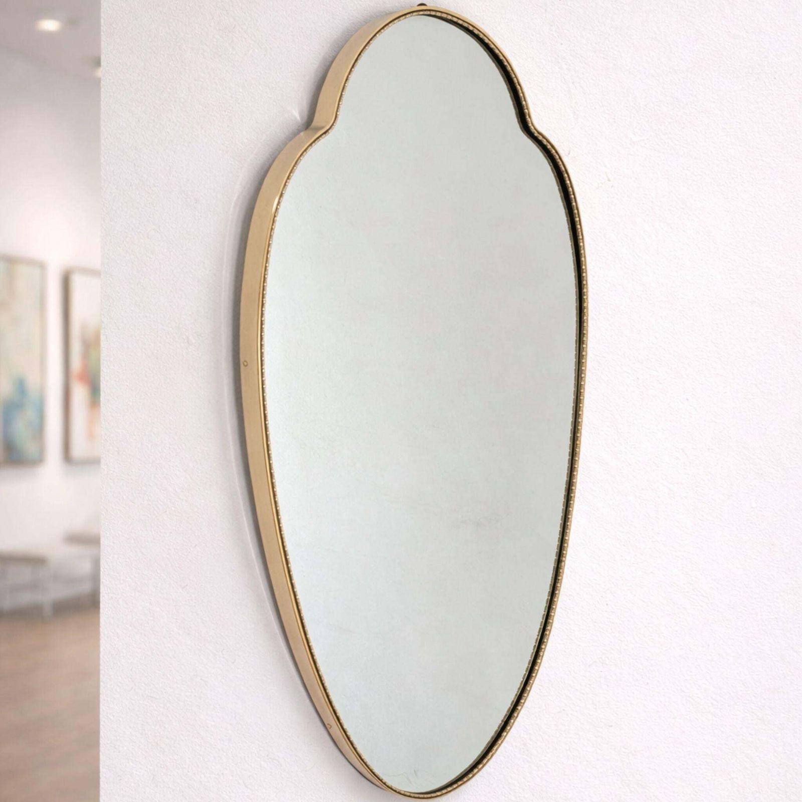 1950s Mid Century Modern Brass Shield Shaped Mirror Gio Ponti Style, Italy photo furniture