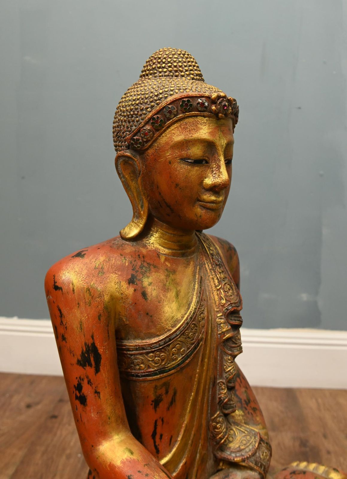 Art Carved Burmese Buddha Statue Lotus Pose Mudra Buddhism. photo