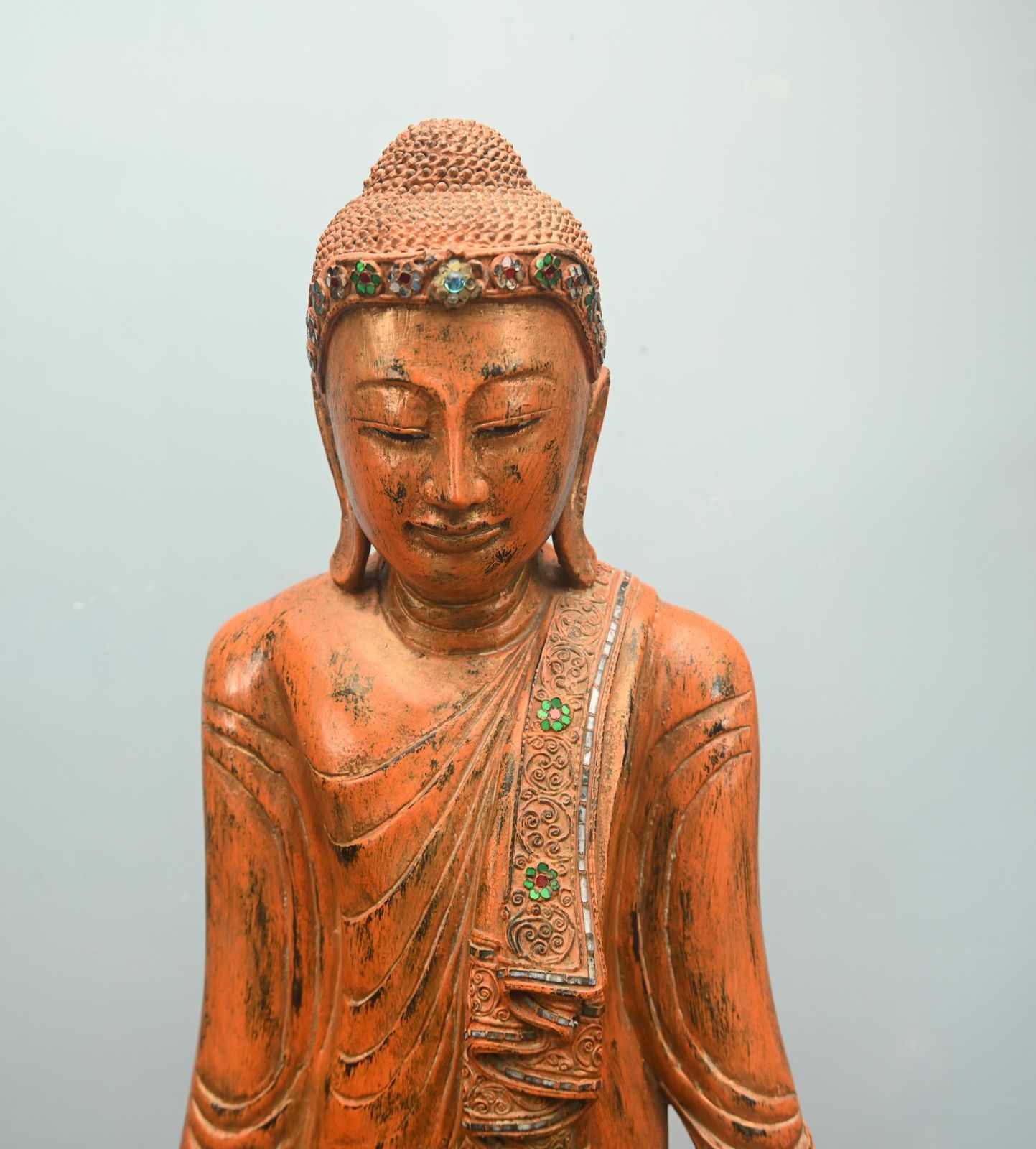 Carved Standing Burmese Buddha Statue Yoga Studio Buddhism photo for sale