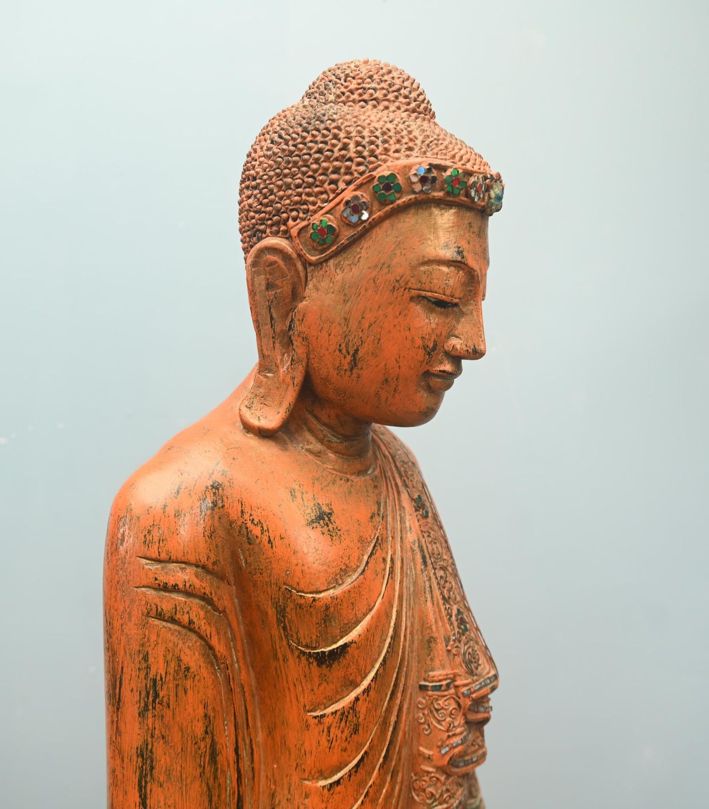 Carved Standing Burmese Buddha Statue Yoga Studio Buddhism photo vinterior