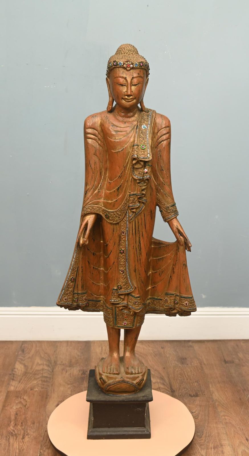 photo buy Carved Standing Burmese Buddha Statue Yoga Studio Buddhism