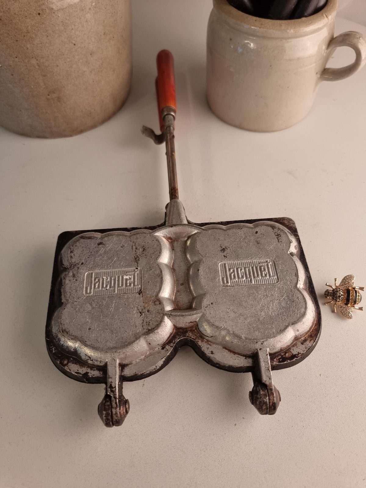 Vintage French Croque Monsieur Maker   Toasted Sandwich Press With Red Wooden Handles photo Home Decor
