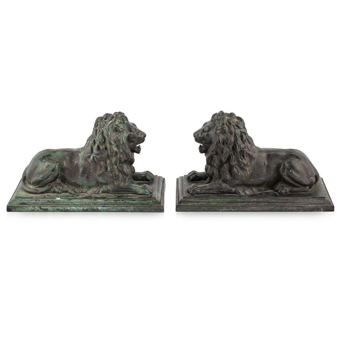 Antique 19thc Victorian Pair Of Verdigris Patinated Bronze Trafalgar Lions C1870 photo for sale