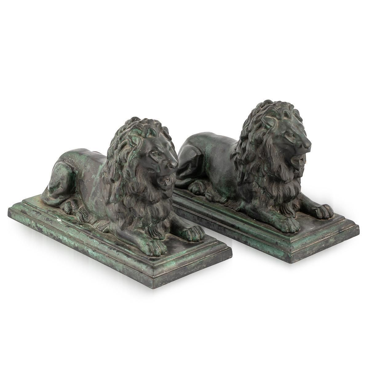Antique 19thc Victorian Pair Of Verdigris Patinated Bronze Trafalgar Lions C1870 photo Art
