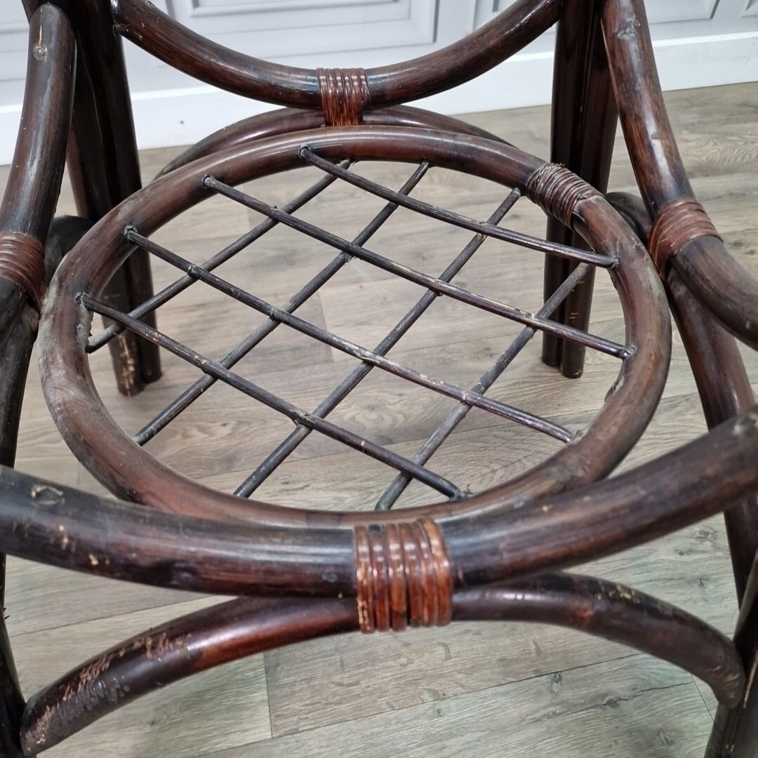photo for sale Vintage Rattan Glass Table Mid Century Bistro Bamboo Top Boho Tiki Retro
