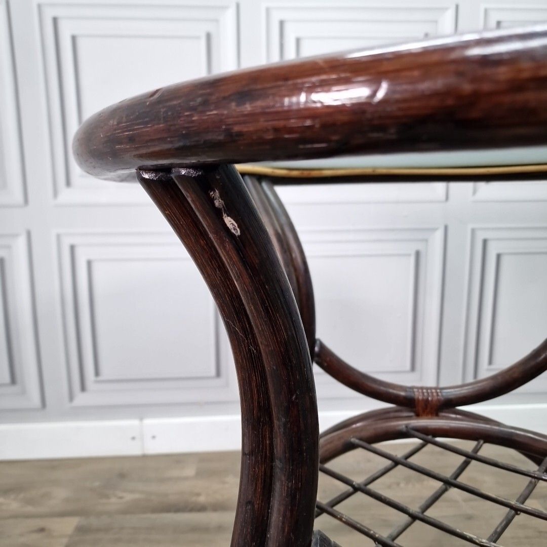 90.0 Vintage Rattan Glass Table Mid Century Bistro Bamboo Top Boho Tiki Retro photo