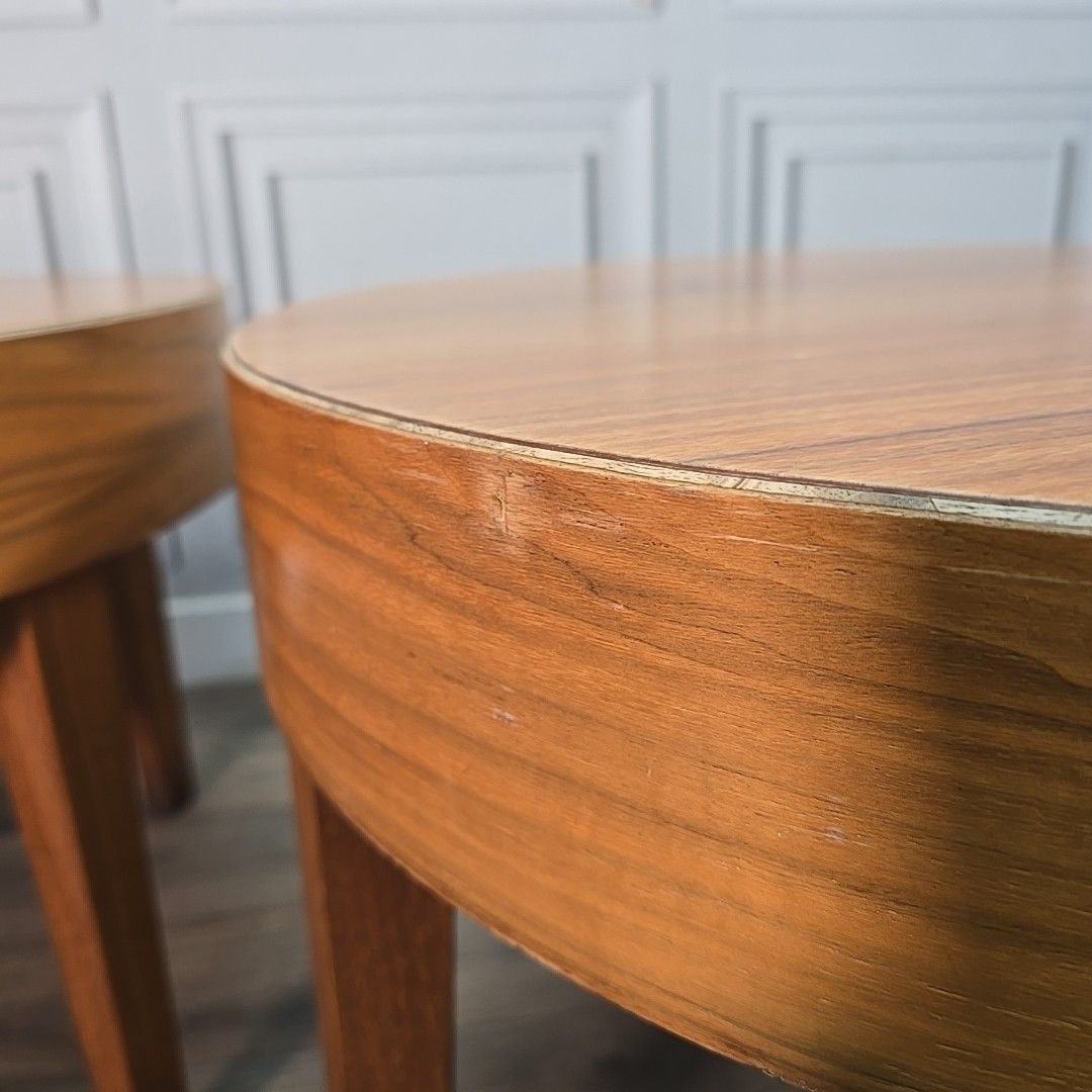 Furniture Vintage Round Side Tables Teak Veneer  – Mid Century Pair – Wooden Coffee Mcm photo